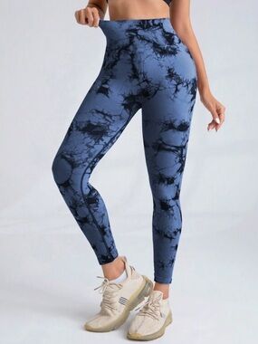SHEIN Blue & Black Tie-Dye High Waisted Seamless Leggings Sz L